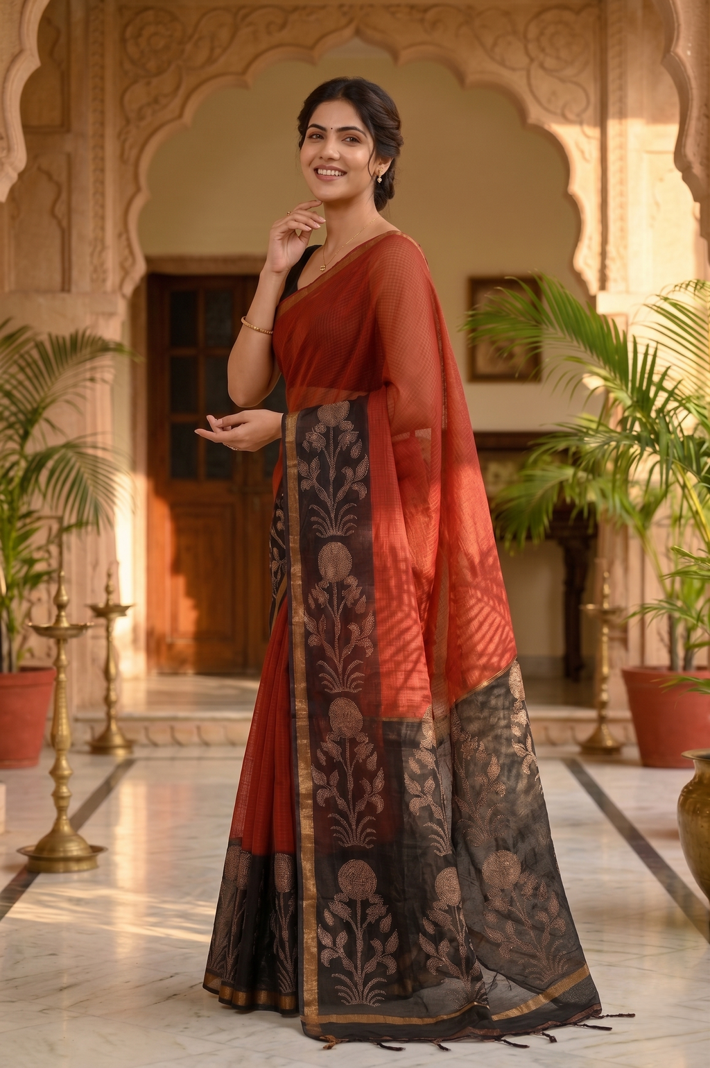 Maroon Black Hand Block Printed Kota Doria Saree