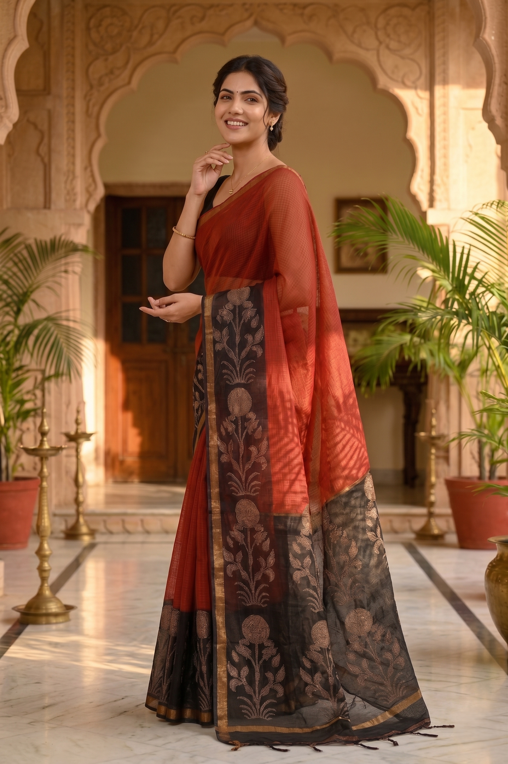 Maroon Black Hand Block Printed Kota Doria Saree