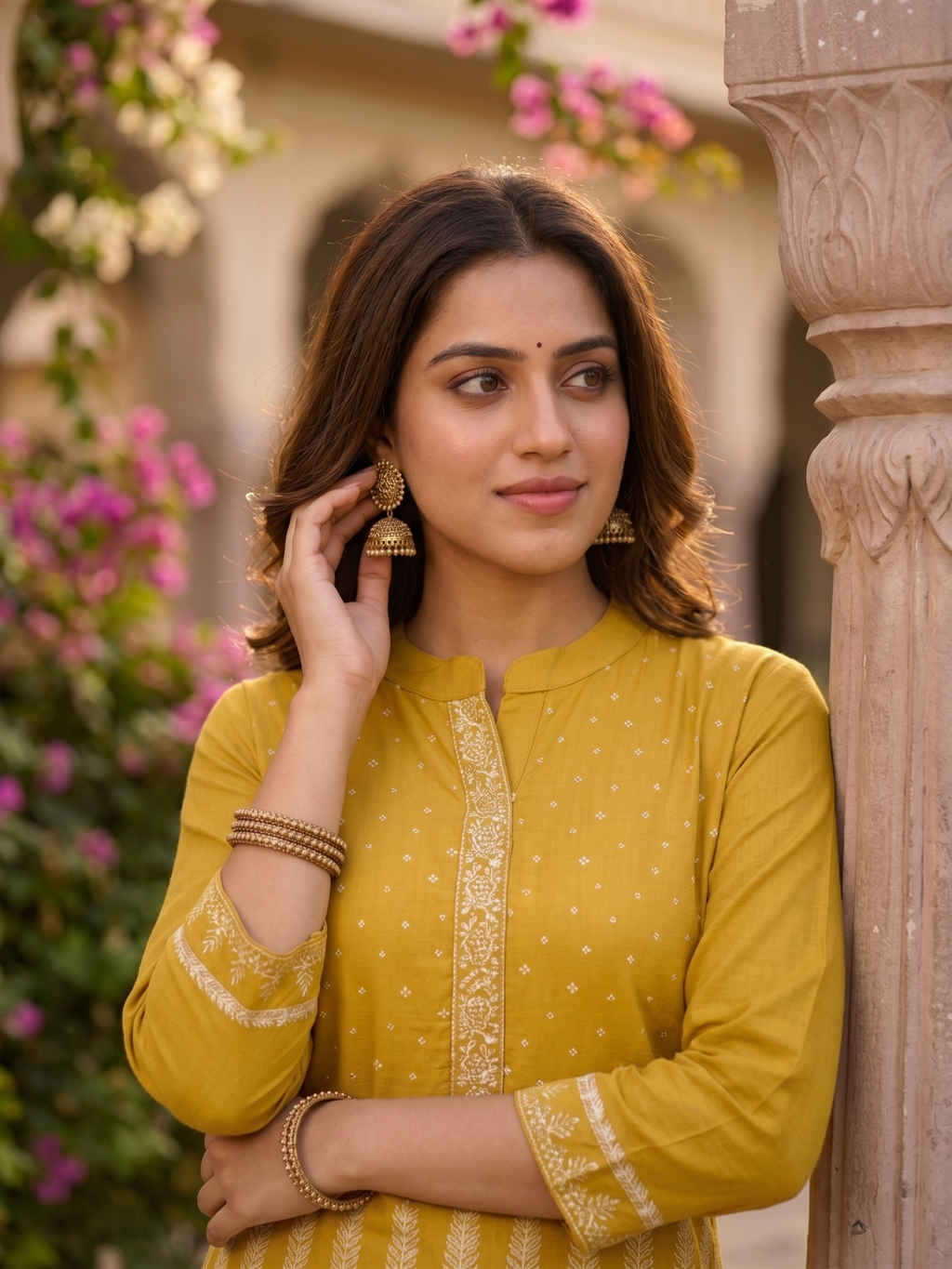 Golden Yellow Printed Embroidered Silk Kurti with palazzo Set