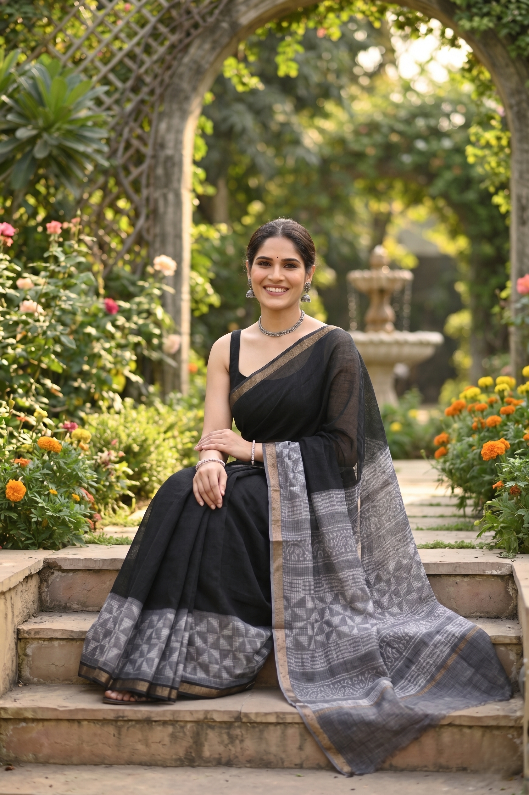 Grey Black Hand Block Printed Kota Doria Saree