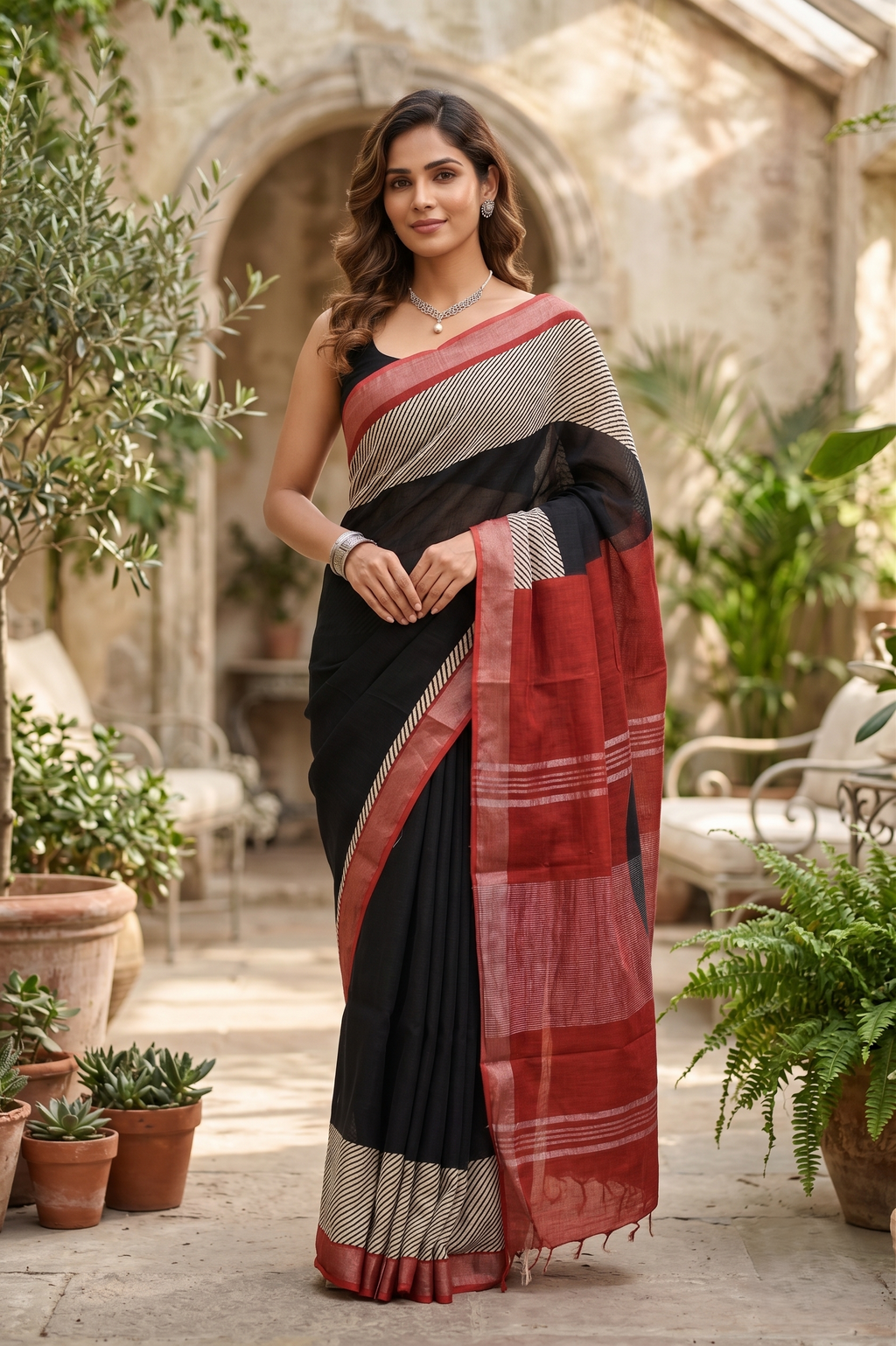Maroon & Black Hand Block Printed Linen Saree with Silver Border