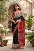 Maroon & Black Hand Block Printed Linen Saree with Silver Border