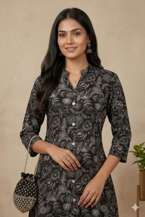 Black Floral Printed Rayon Co-Ord Set