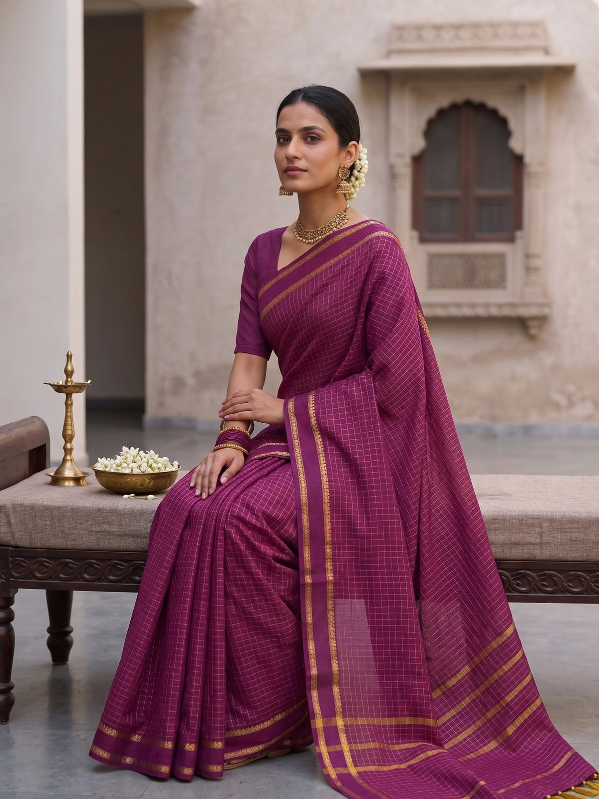 Magenta Micro checkered Kalyani cotton saree with Golden zari border