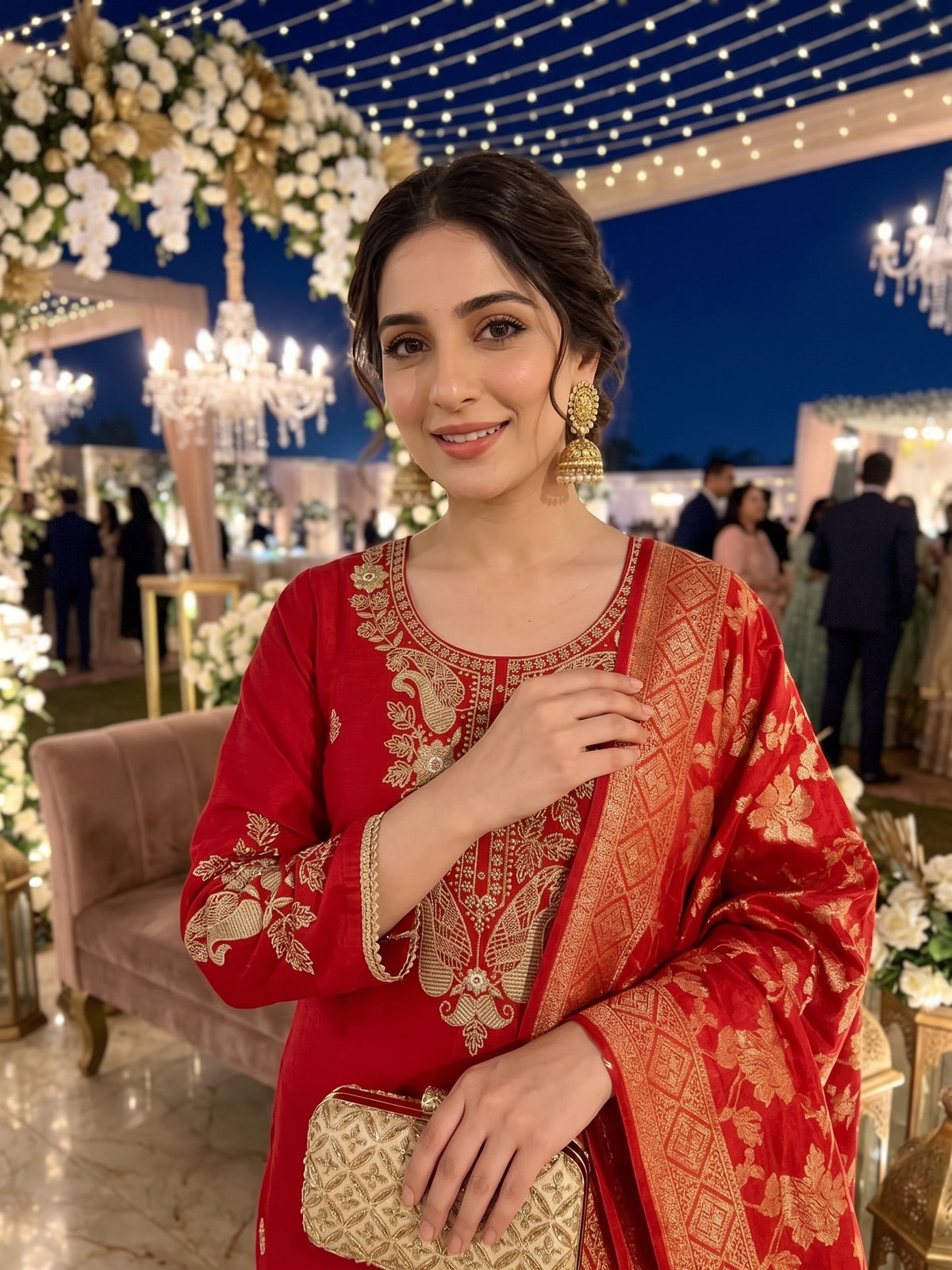 Solid Red Embroidered Roman silk Kurti Palazzo With Banarasi Dupatta