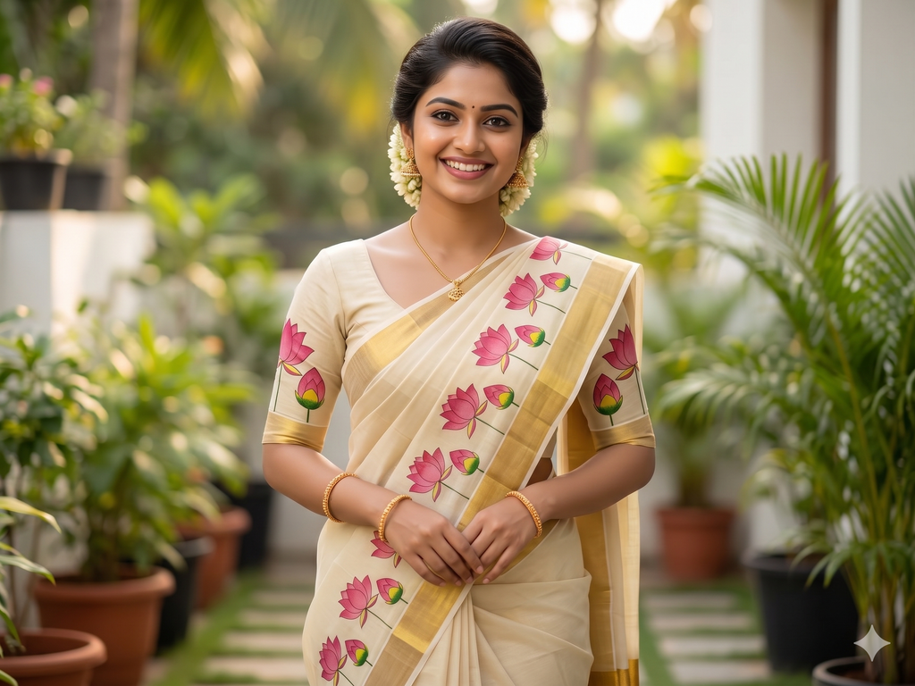 Lotus Printed Kerala Tissue Cotton Saree with Zari Border