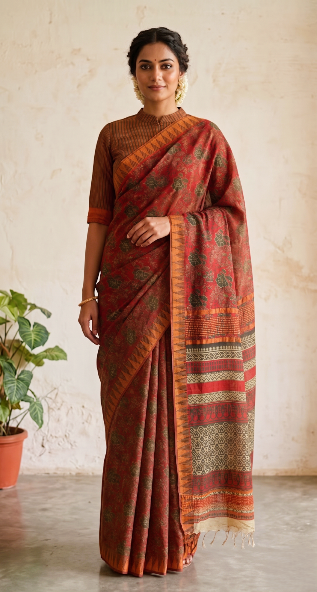 Rust & Maroon Hand Printed Silk Cotton Saree