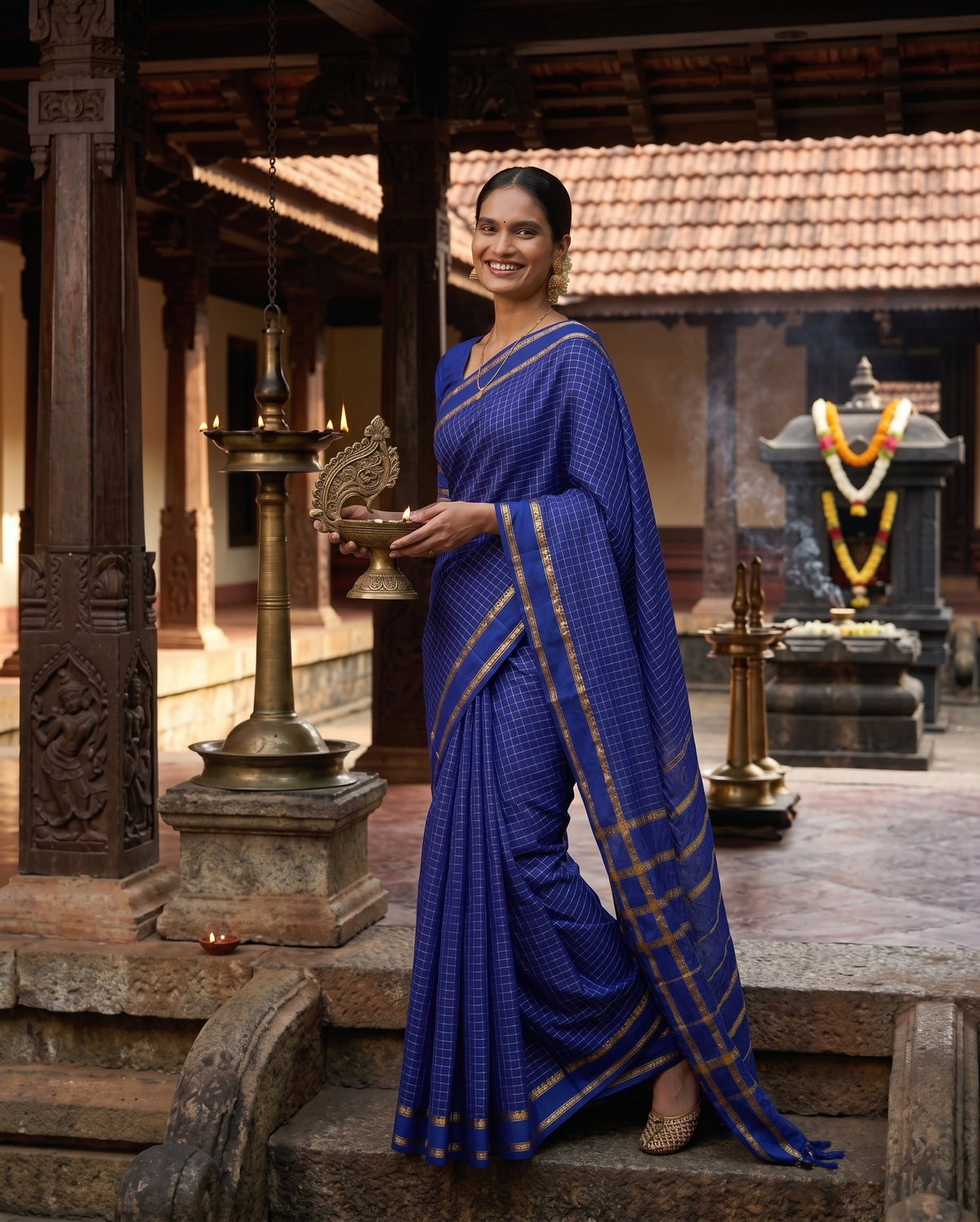 Blue Micro checkered Kalyani cotton saree with Golden zari border