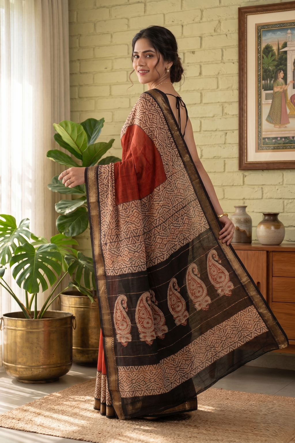 Black & Maroon Hand Block Printed Pure Maheswari Silk Saree