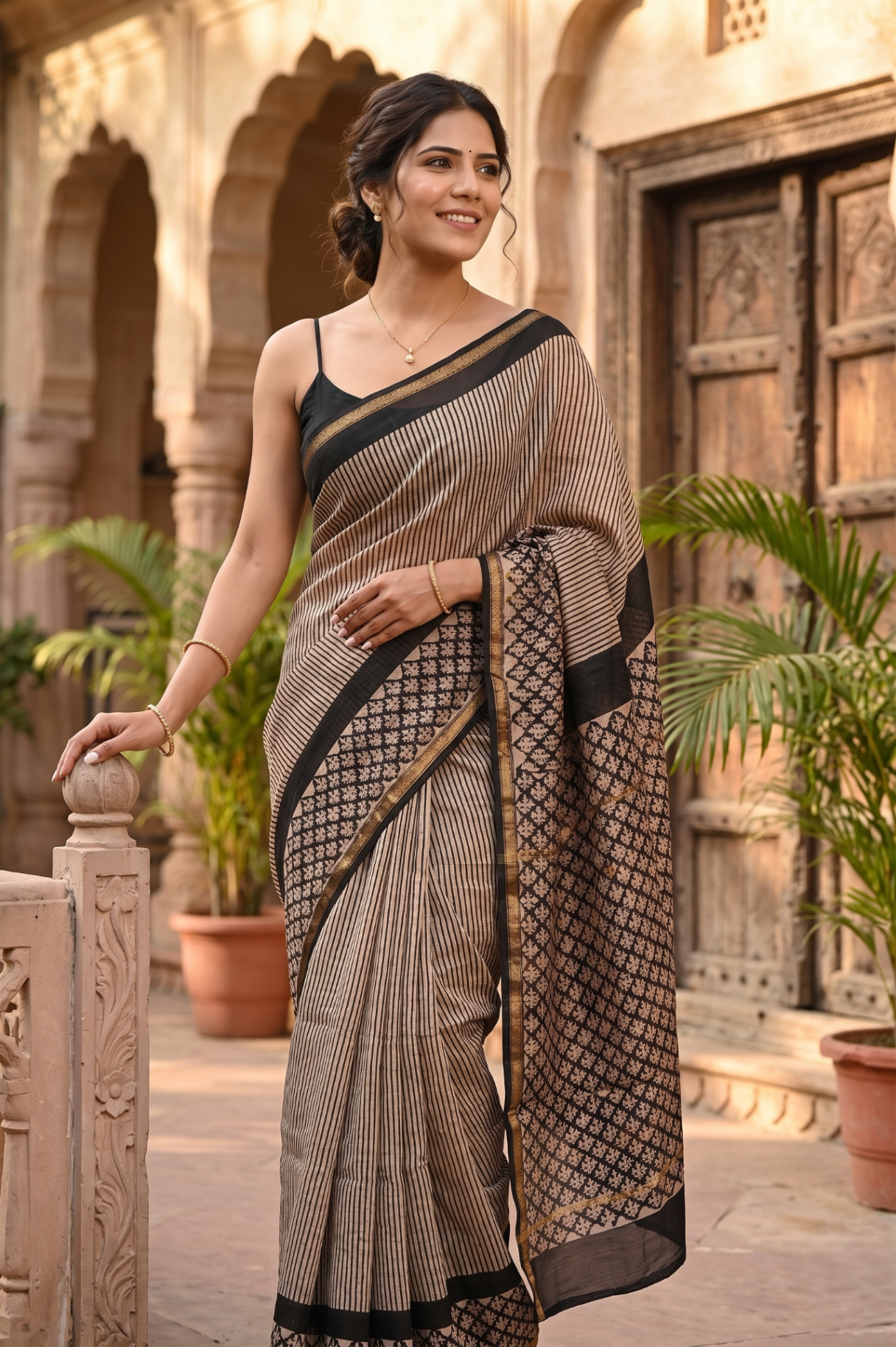 Beige Black Vertical Striped Pure Chanderi Silk Saree