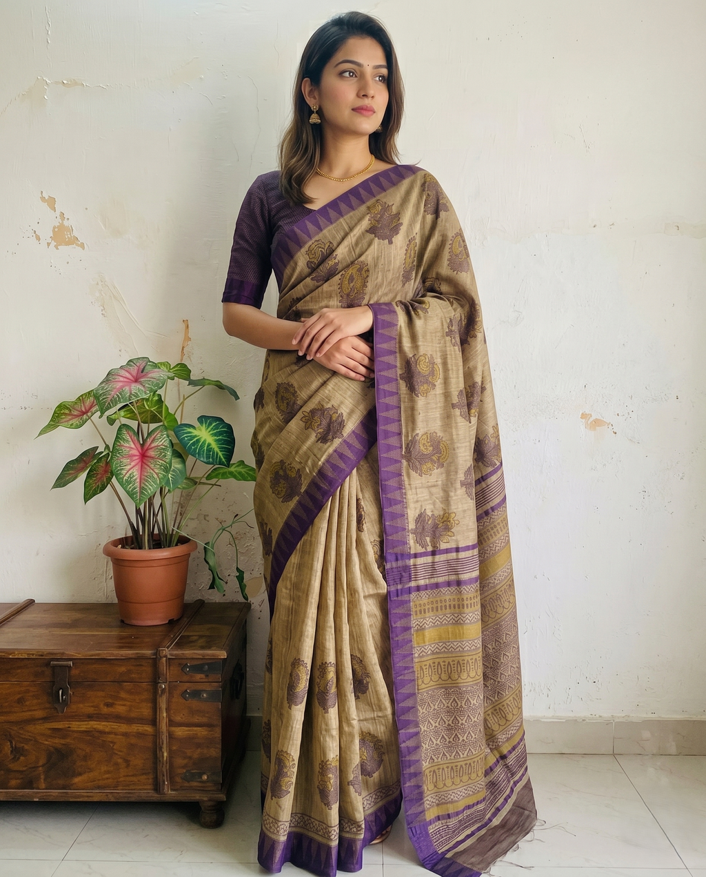 Purple & Olive Vanaspati Hand Printed Silk Cotton Saree