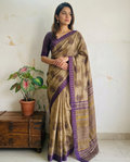 Purple & Olive Vanaspati Hand Printed Silk Cotton Saree