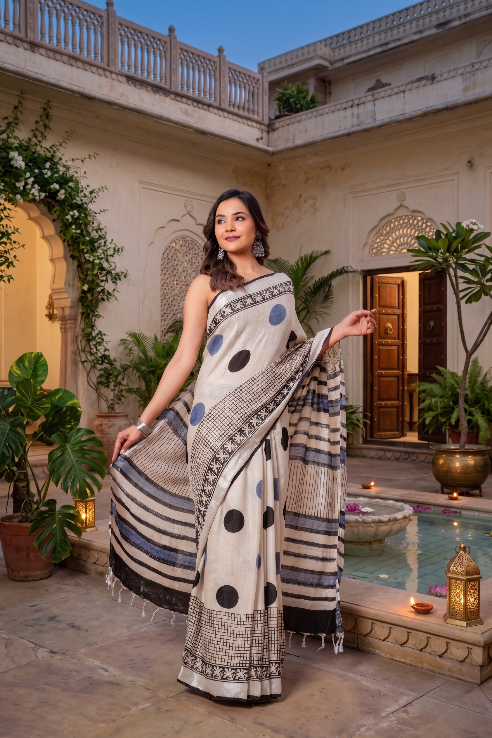 Indigo white Polka Printed Linen Saree with Silver Border