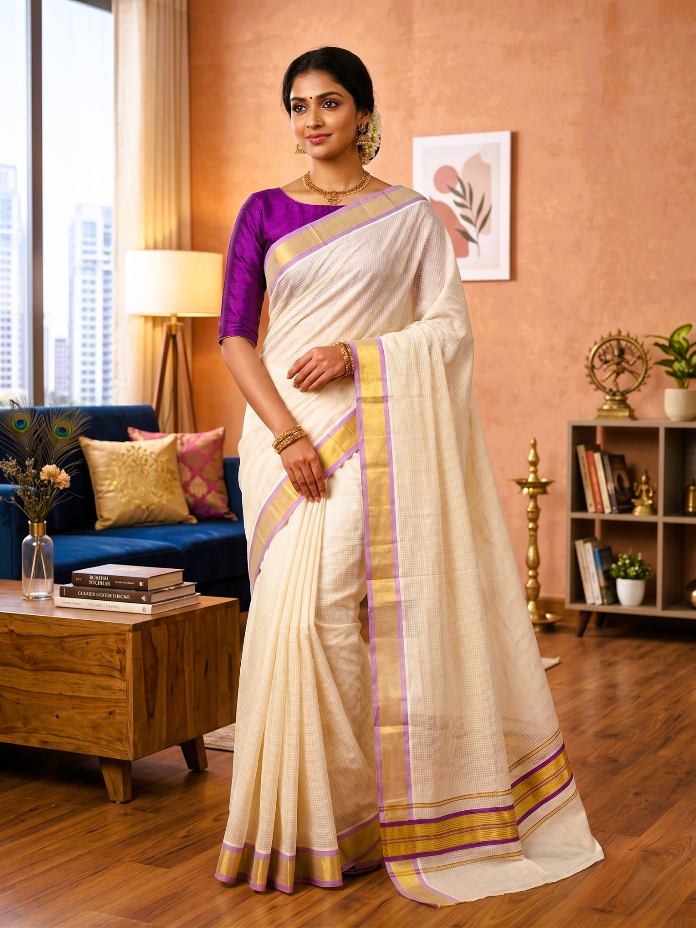 Small Checkered With Golden Zari Border Kerala Cotton Saree