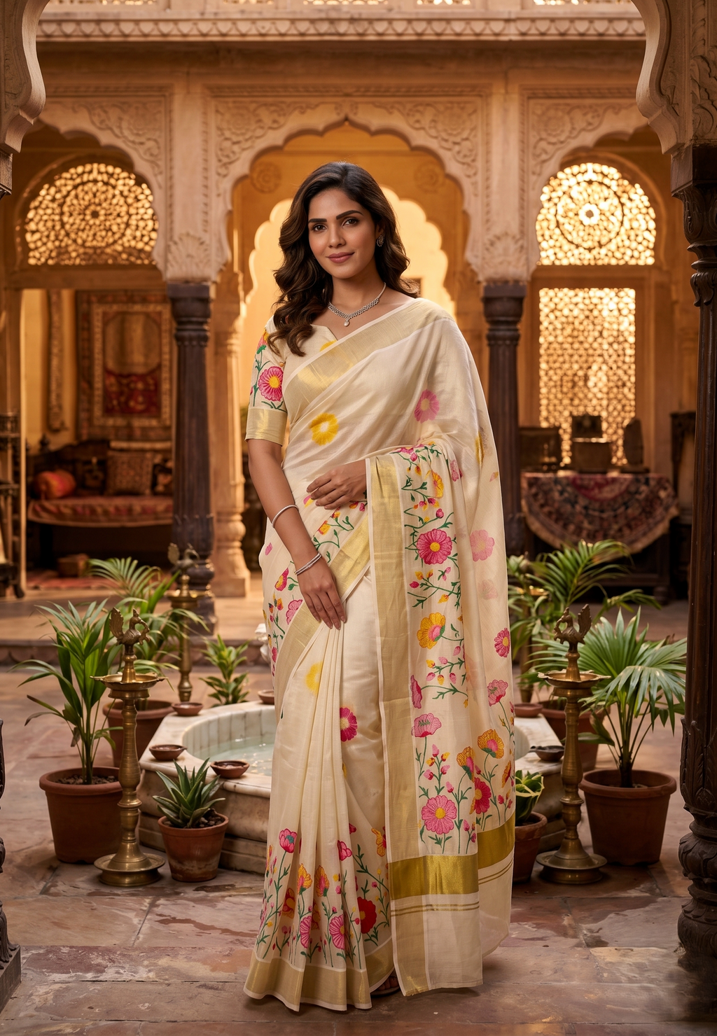 Floral Printed Kerala Tissue Cotton Saree with Zari Border
