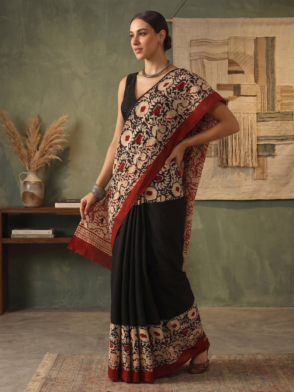 Black & Maroon Hand Block Printed Mul Cotton Saree