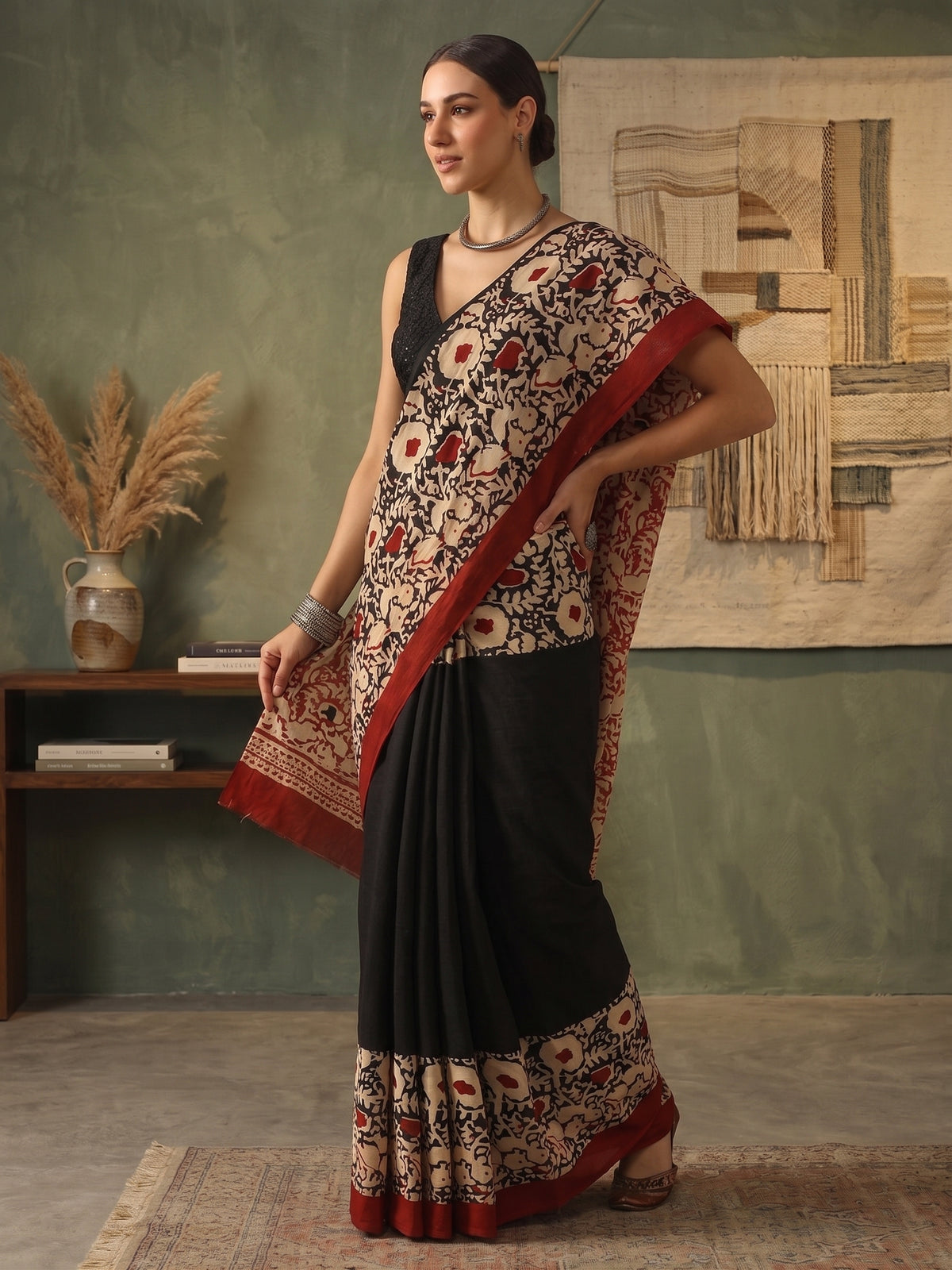Black & Maroon Hand Block Printed Mul Cotton Saree