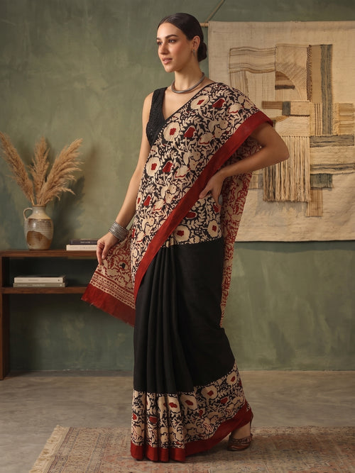 Black & Maroon Hand Block Printed Mul Cotton Saree