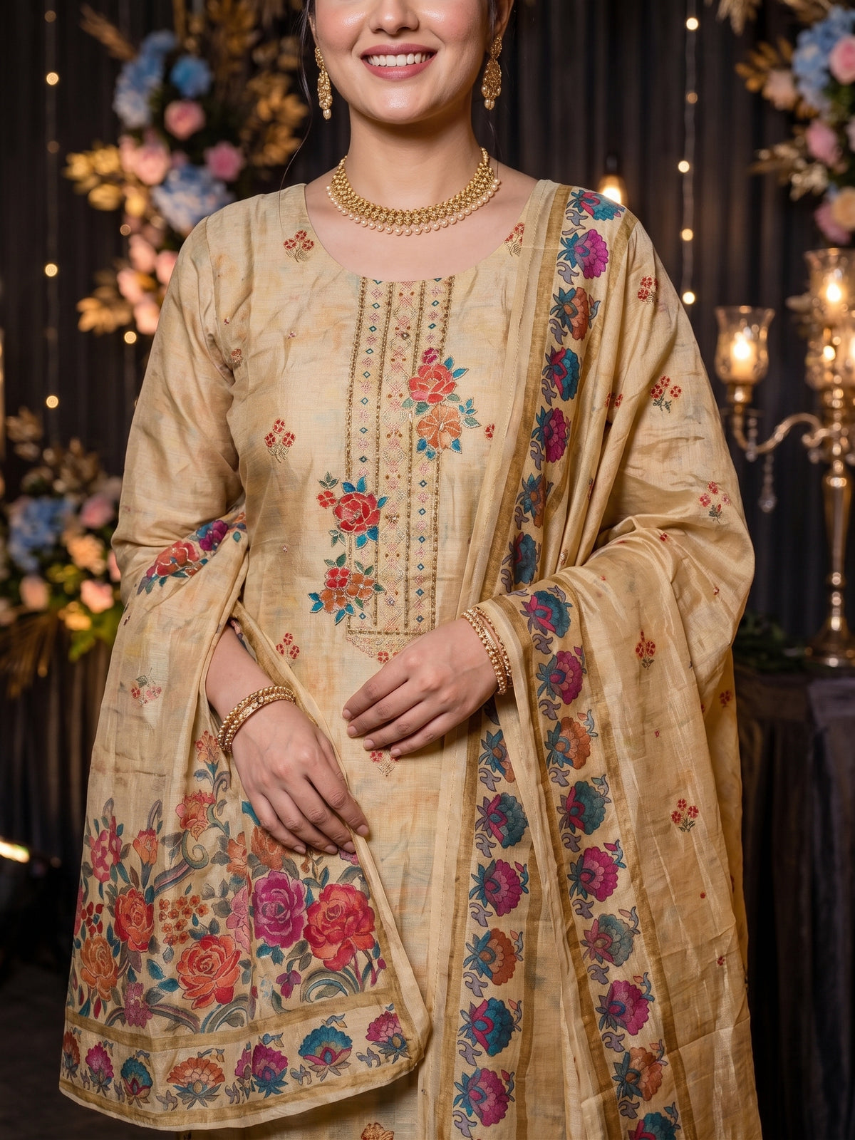 Position Printed Beige Pure Dola Silk with Sequins Emroidry Kurti with Pants & Dupatta