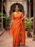 Orange Micro checkered Kalyani cotton saree with Golden zari border