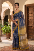 Idigo Yellow Hand Block Printed Kota Doria Saree