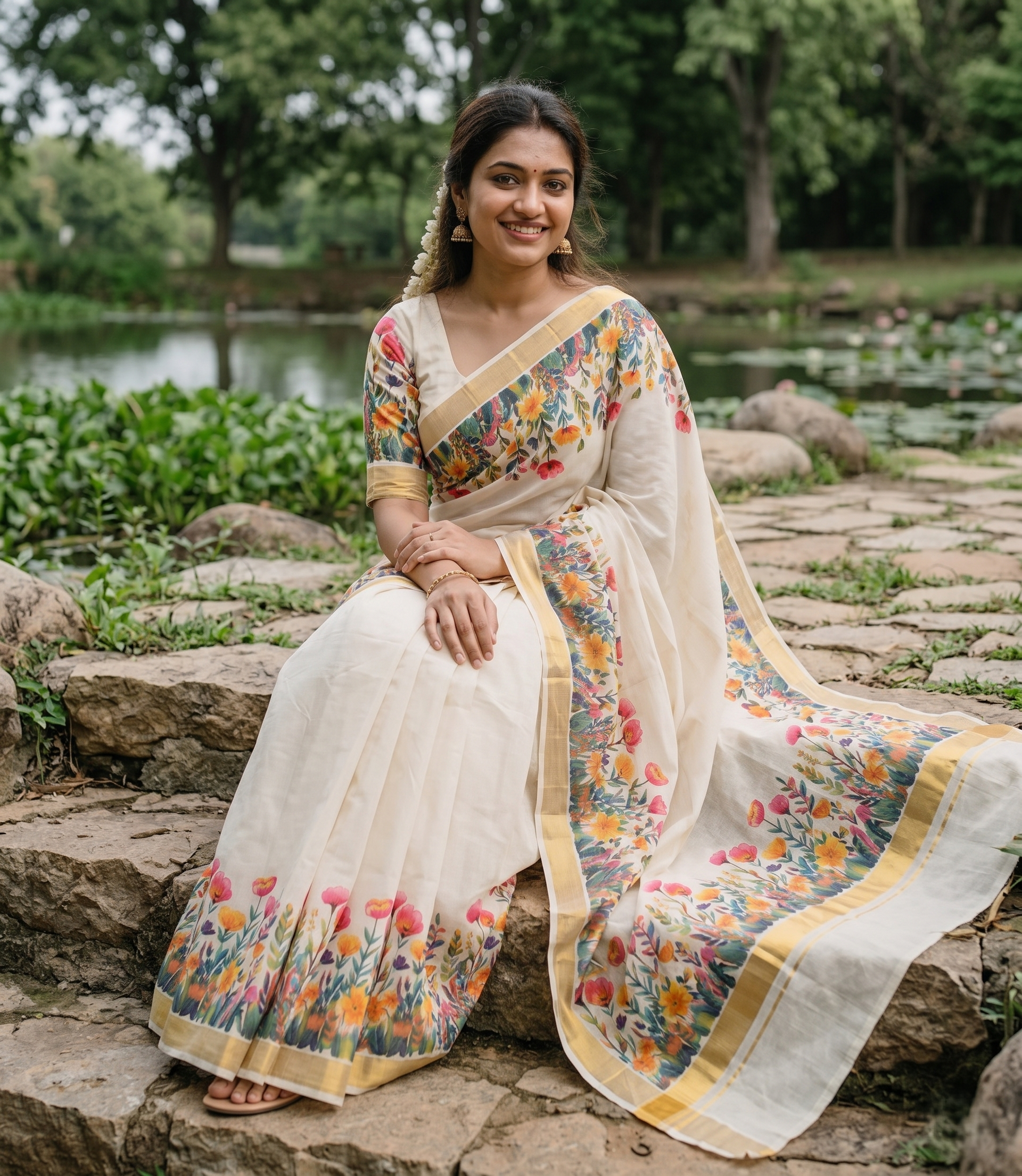Floral Printed Kerala Cotton Saree with Zari Border