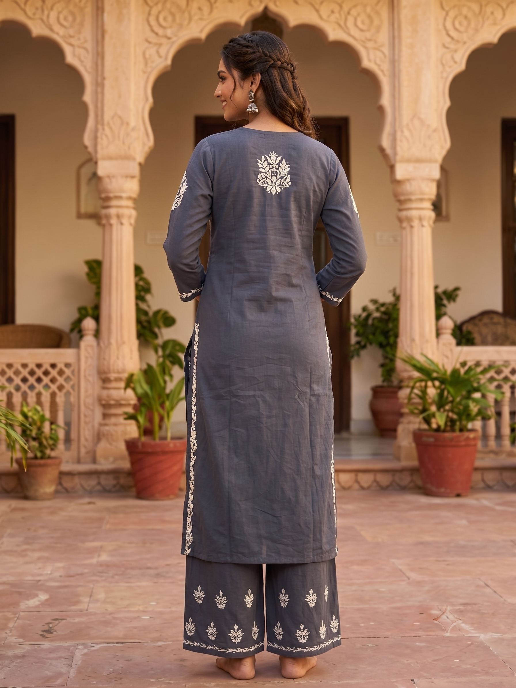 Solid Grey Rayon Hand Embroidered Chikankari Kurti with palazzo Set
