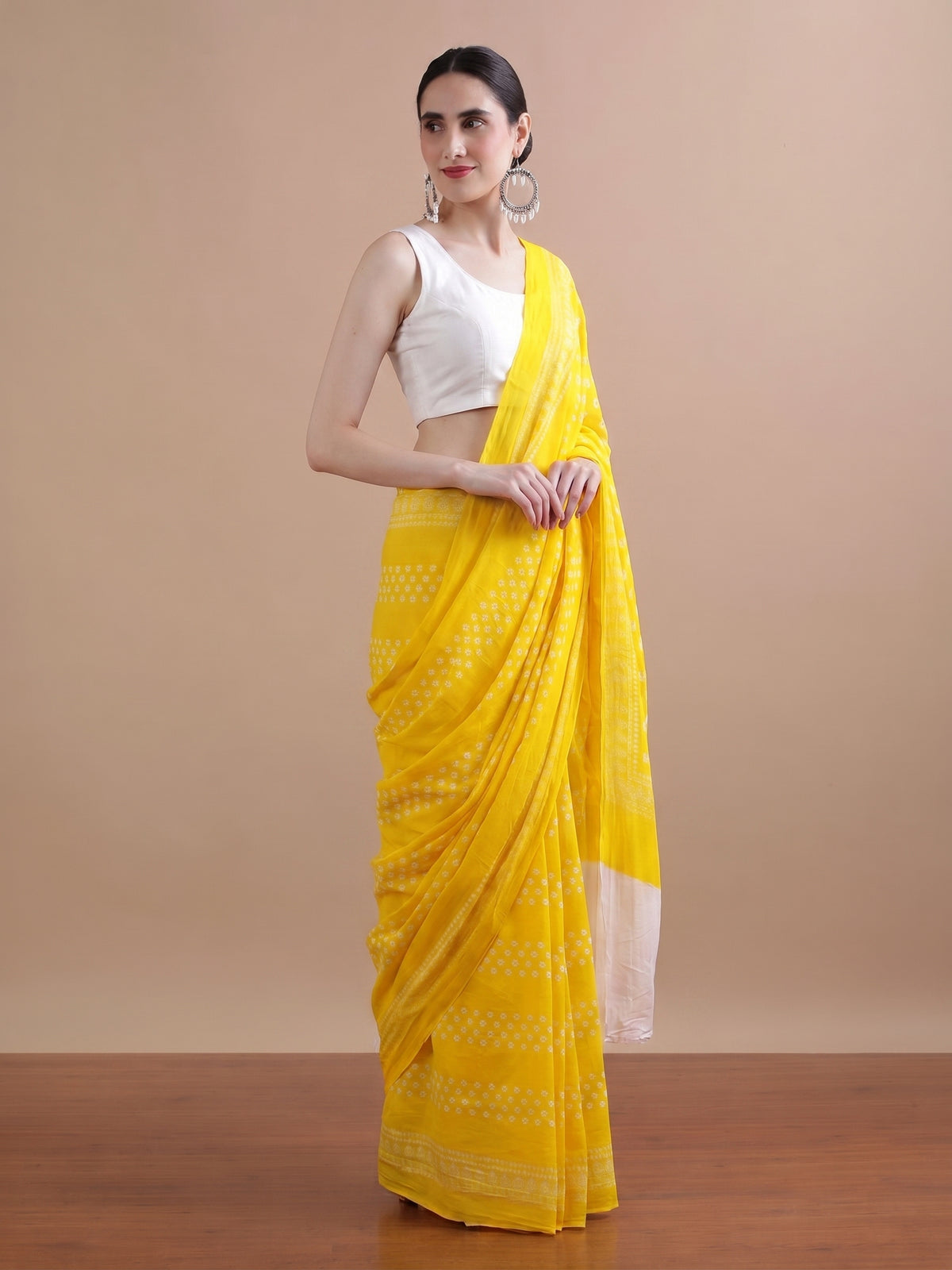 Yellow & white Hand Block Printed Mul Cotton Saree