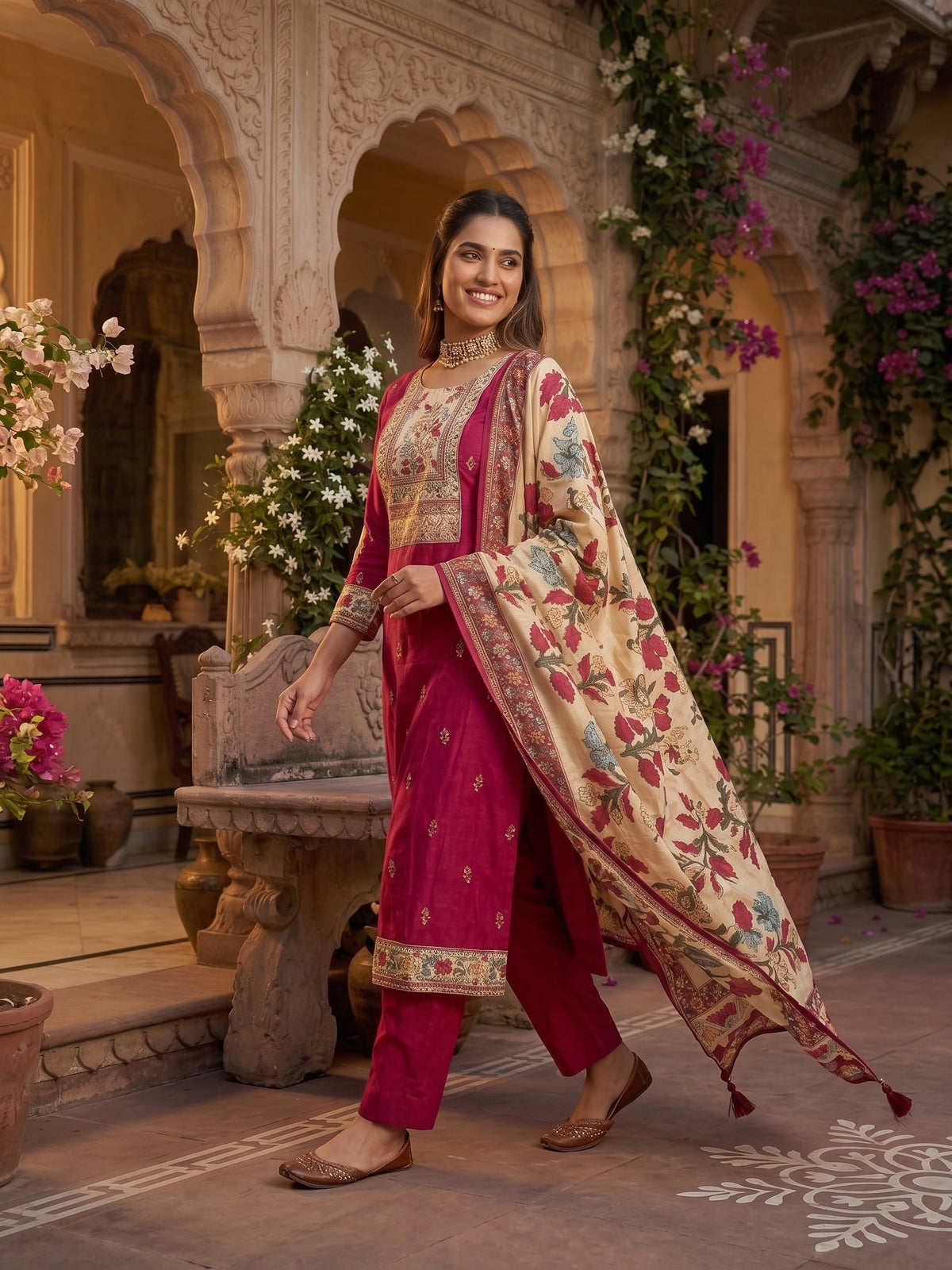 Rani Printed Embroidered Butter Muslin Kurti Set with Dupatta