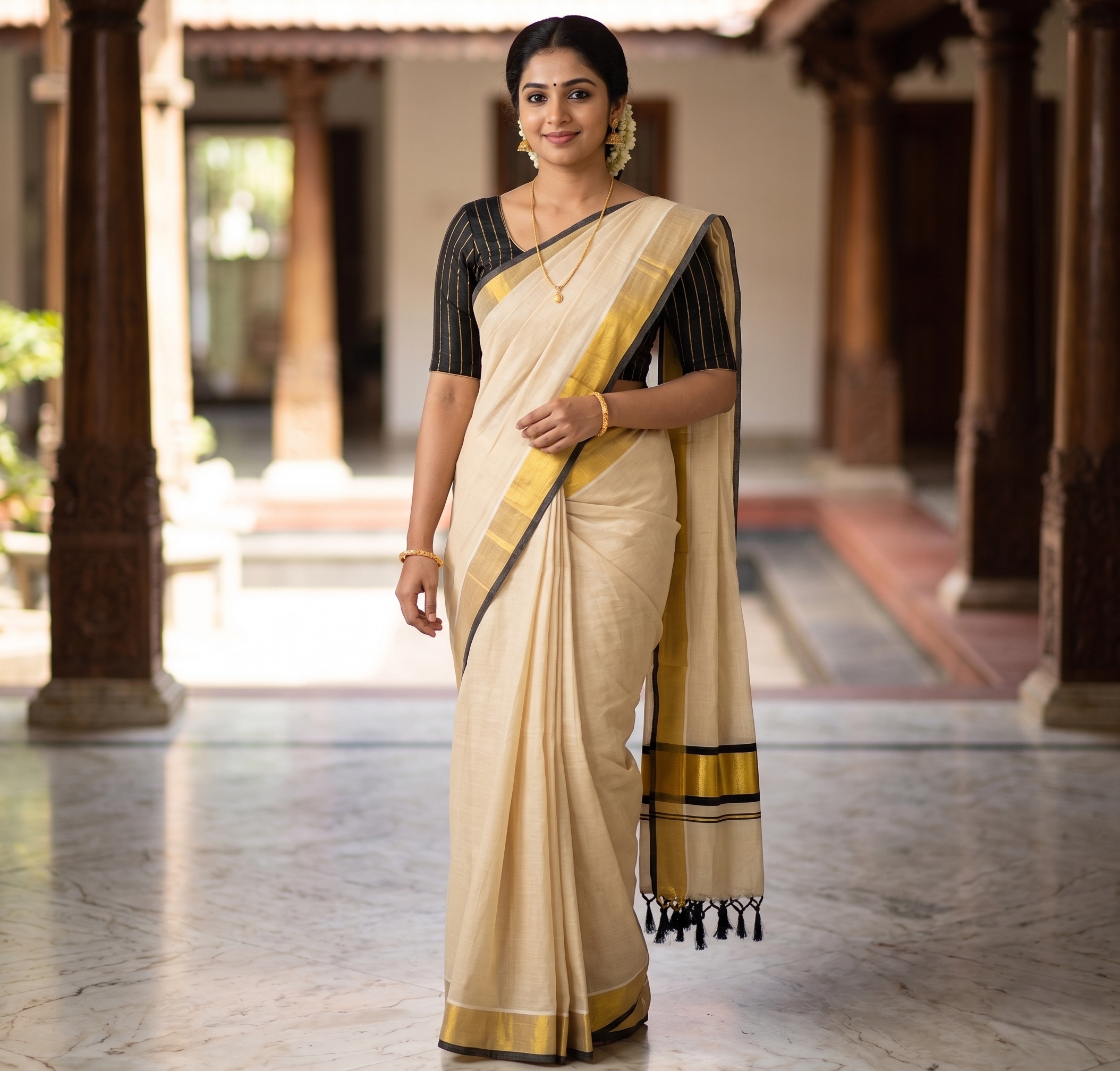 Golden Tissue Saree with Contrast Border