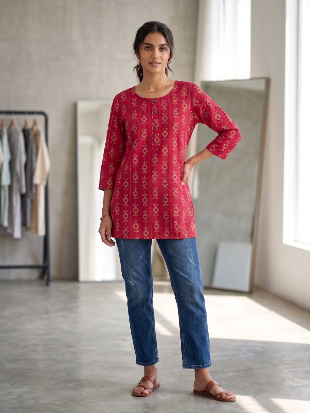 Pink Printed Rayon Short Kurti Top