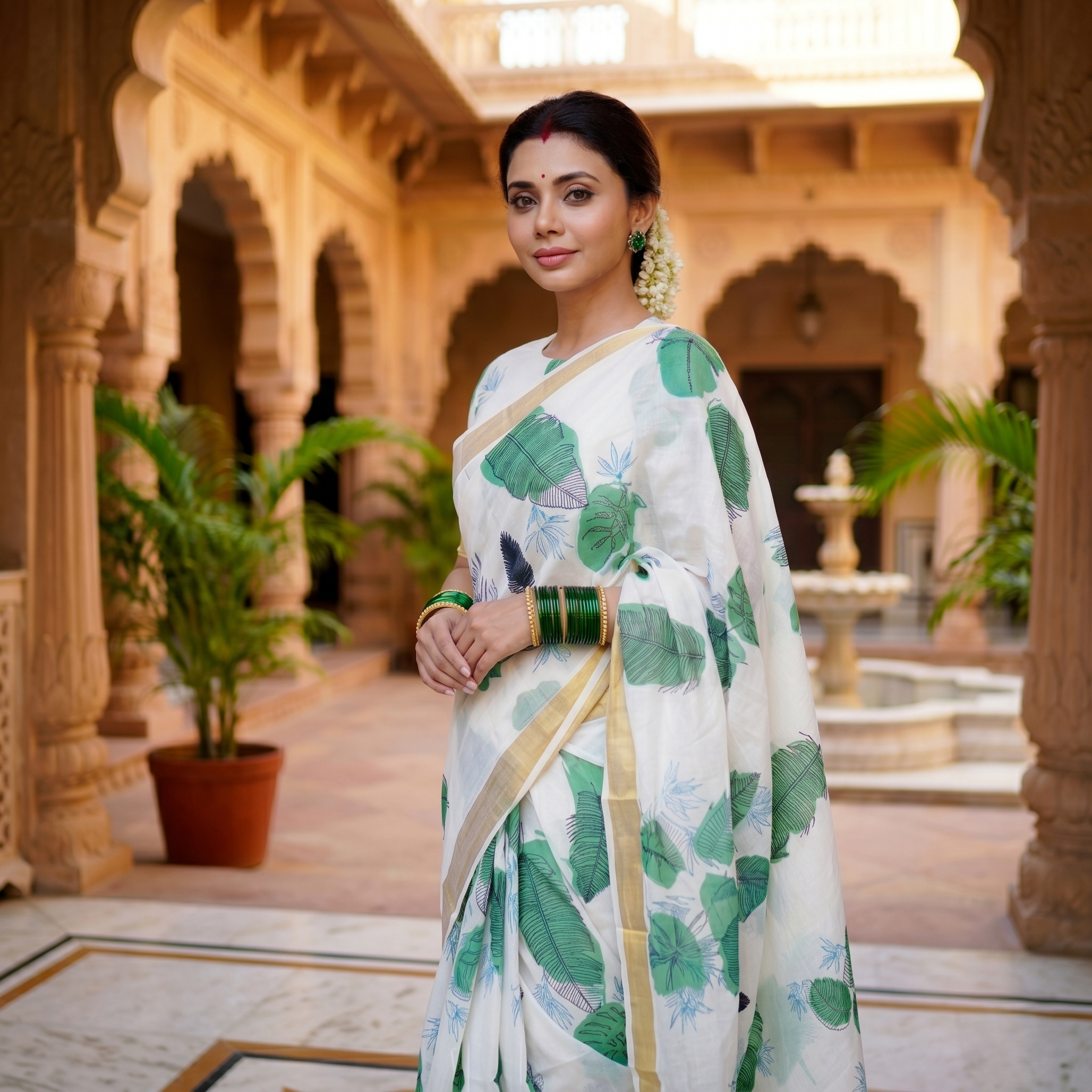 Golden zari weaved  Botanic Printed Kerala cotton Saree