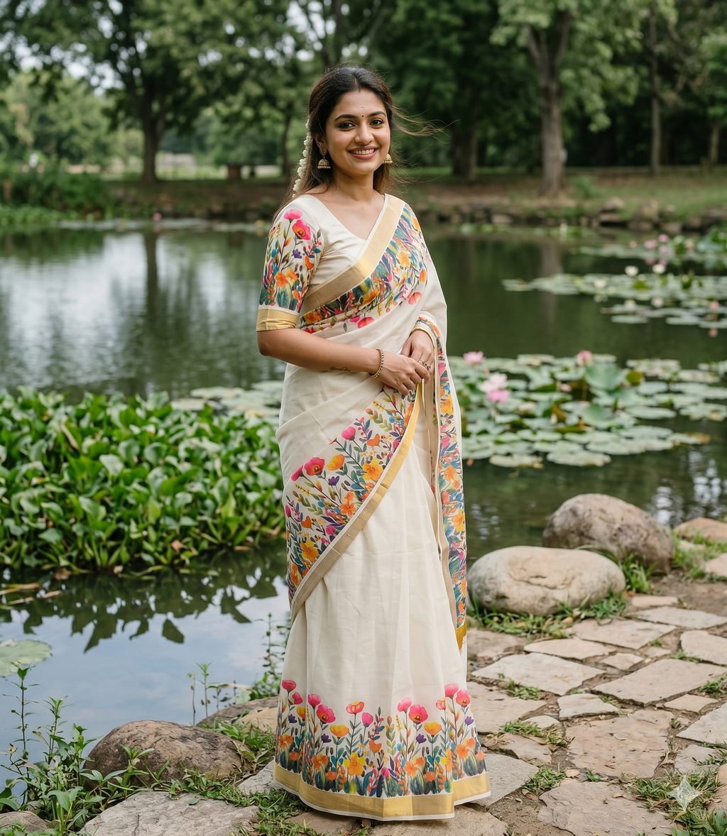 Floral Printed Kerala Cotton Saree with Zari Border