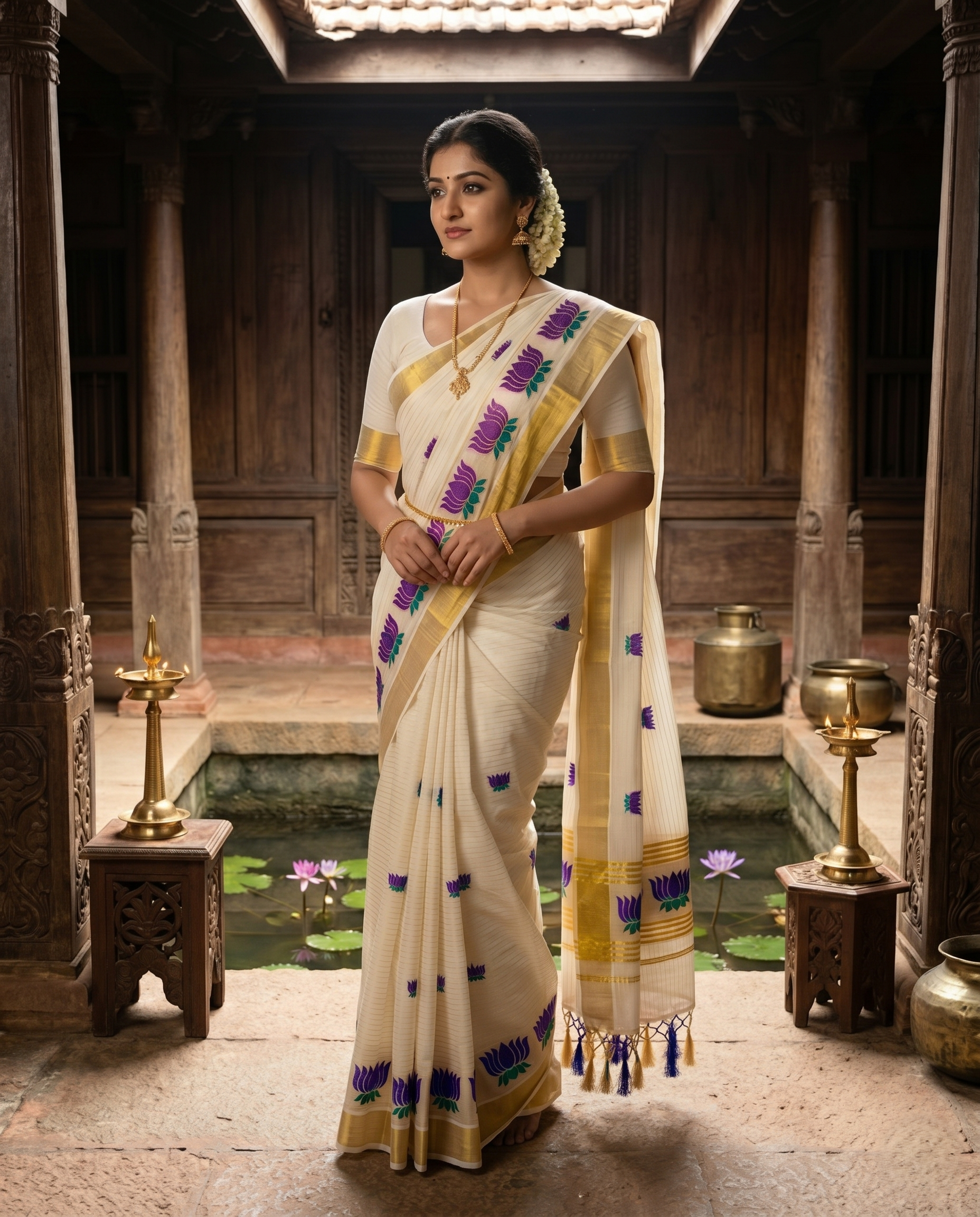 Zari Woven Vertical Striped Lotus Embroidered Kerala Cotton Saree