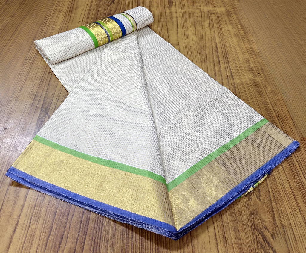 Small Checkered With Golden Zari Border Kerala Cotton Saree