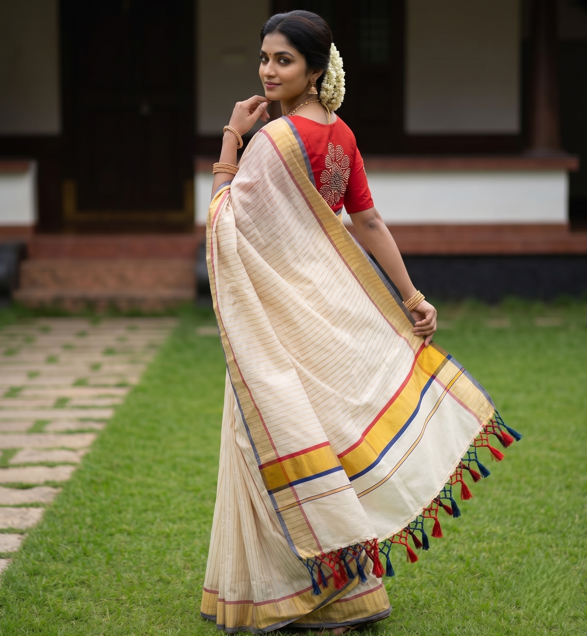 Zari Woven Striped with Contrast Border Golden Tissue Saree