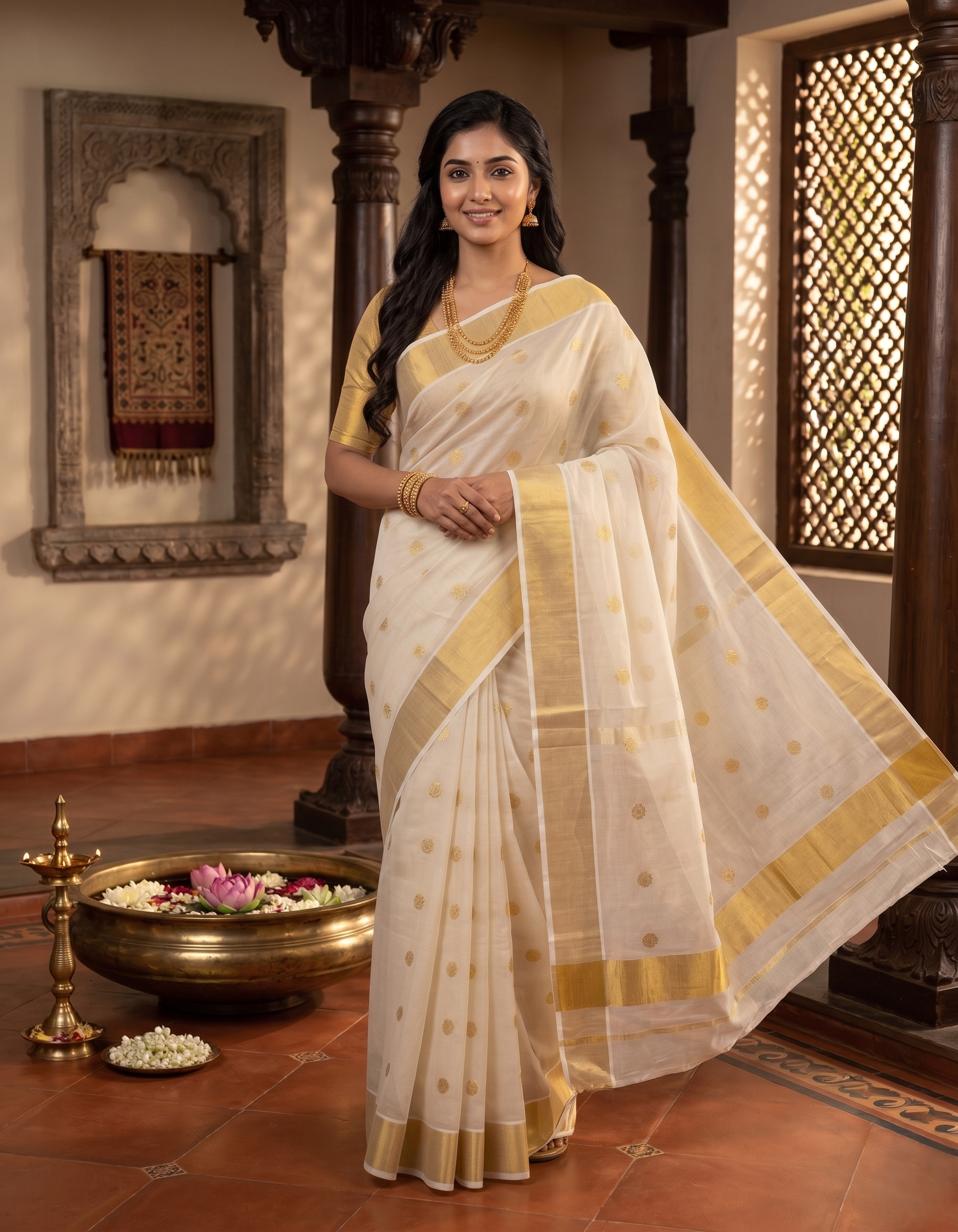 Golden Zari  Polka Weaved kerala Tissue Cotton Saree