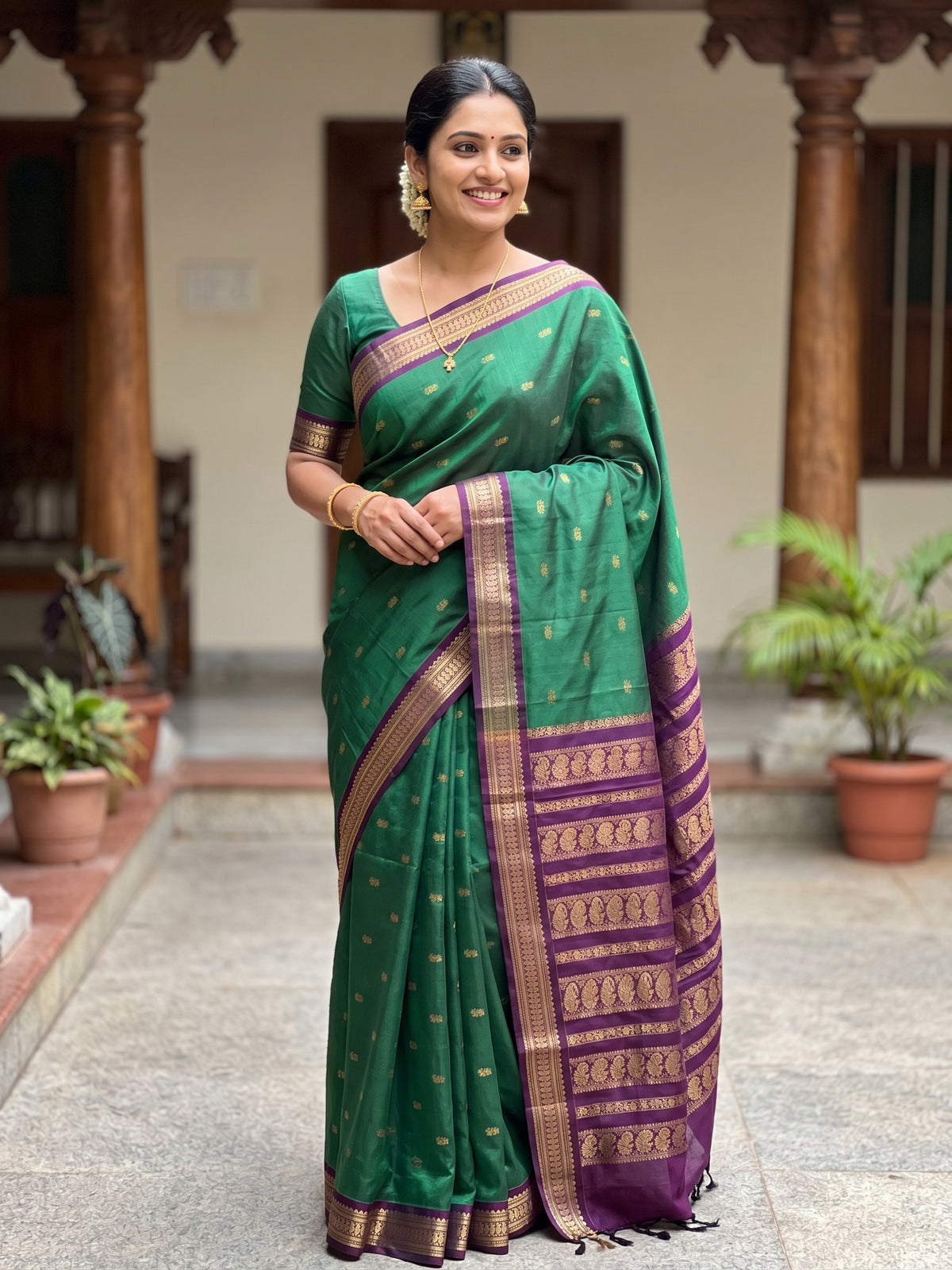 Bottle Green with Purple Border Kalyani Cotton Saree