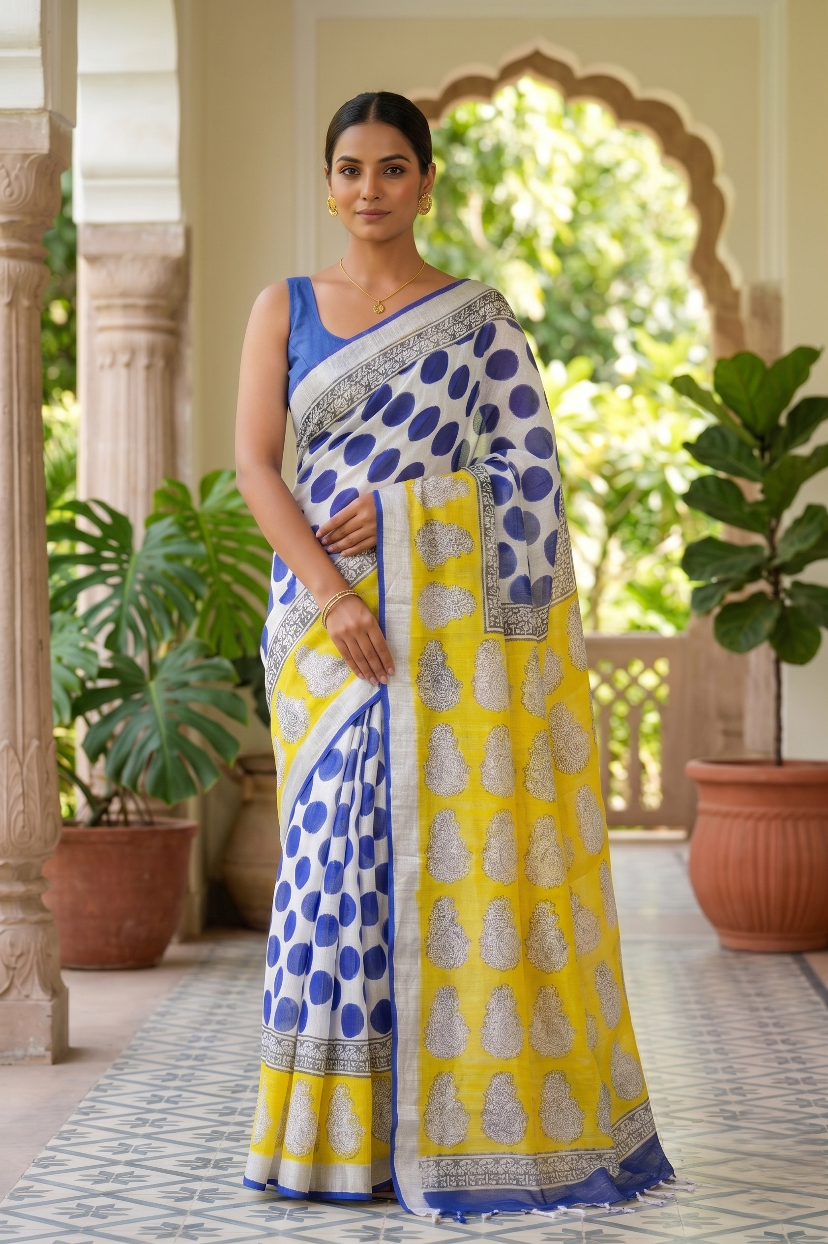 Yellow Blue Polka Printed Linen Saree with Silver Border