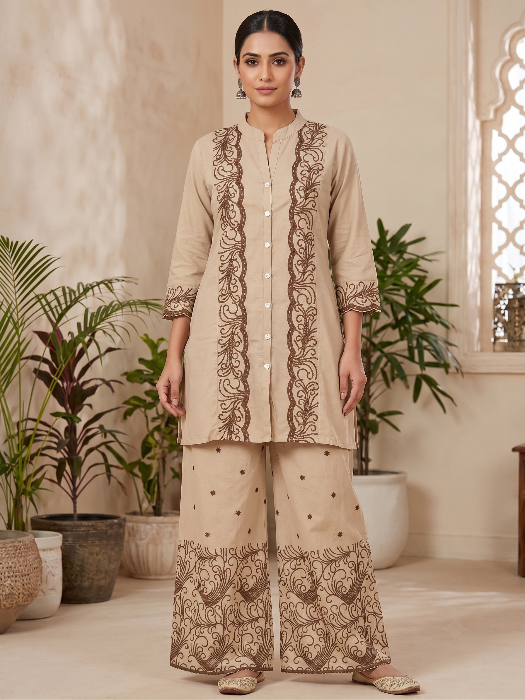 Beige & BrownEmbroidered Kurti with palazzo Set