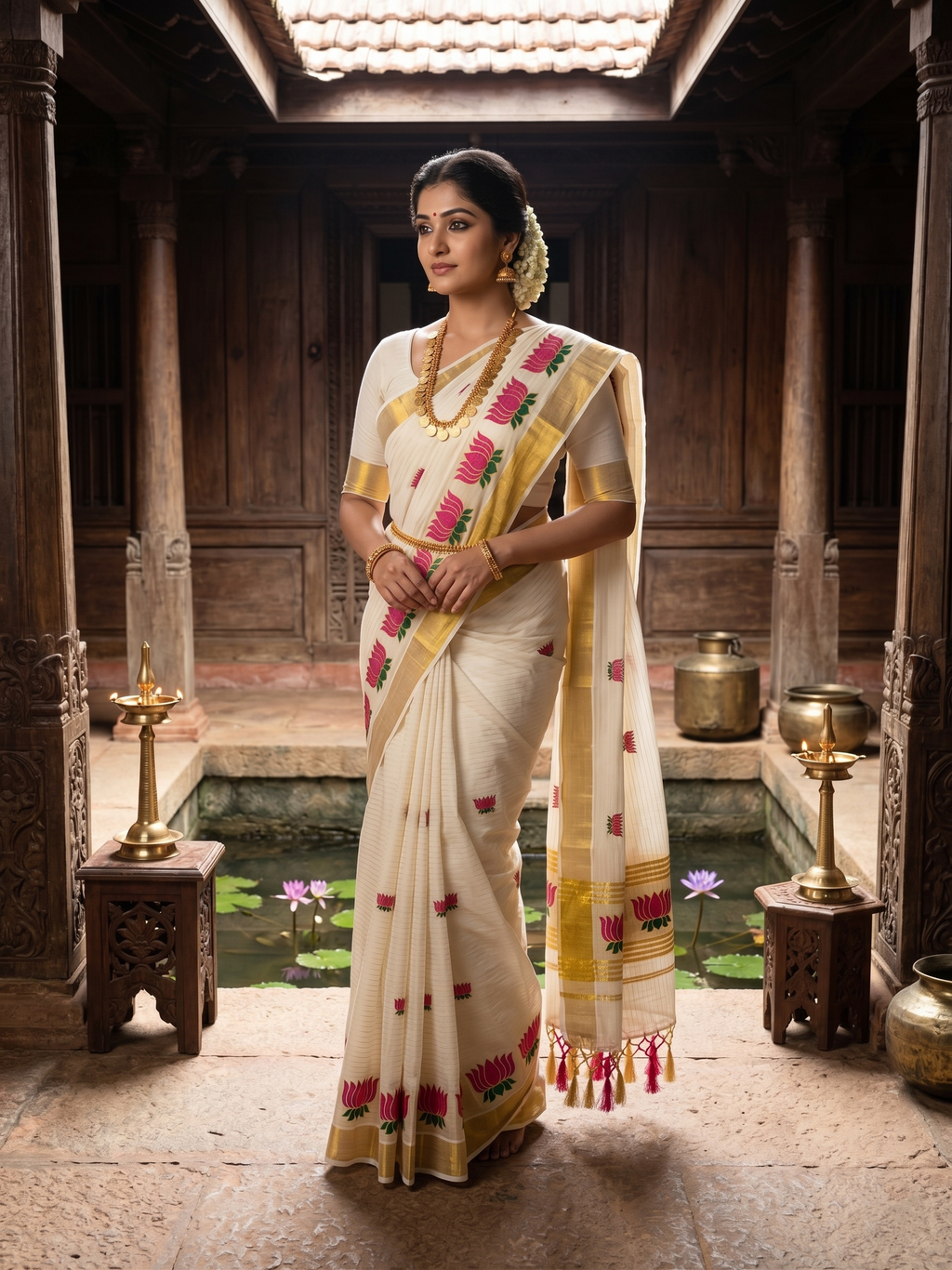Zari Woven Vertical Striped Lotus Embroidered Kerala Cotton Saree
