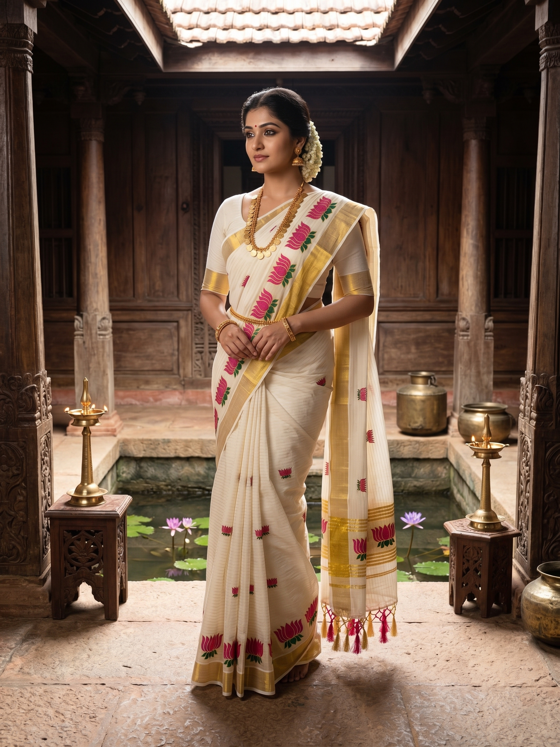 Zari Woven Vertical Striped Lotus Embroidered Kerala Cotton Saree