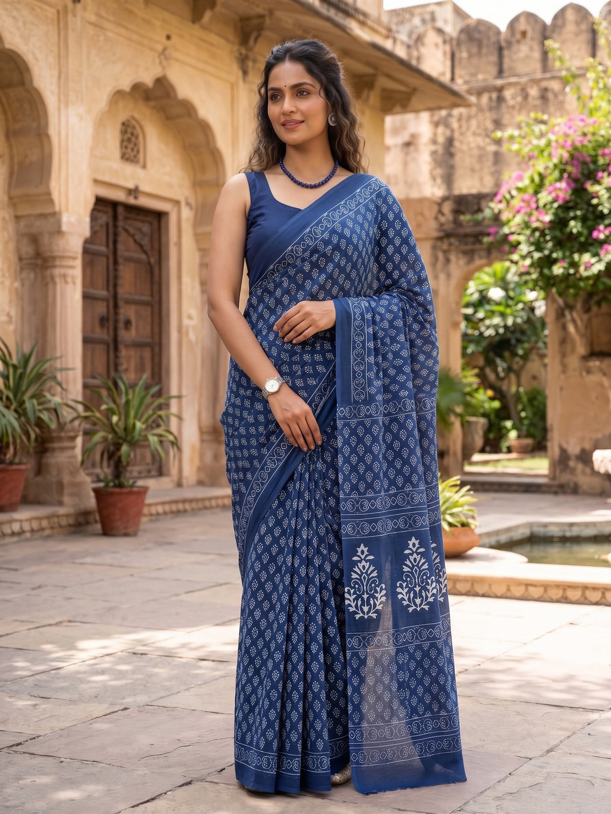 Indigo Hand Block Printed Mul Cotton Saree
