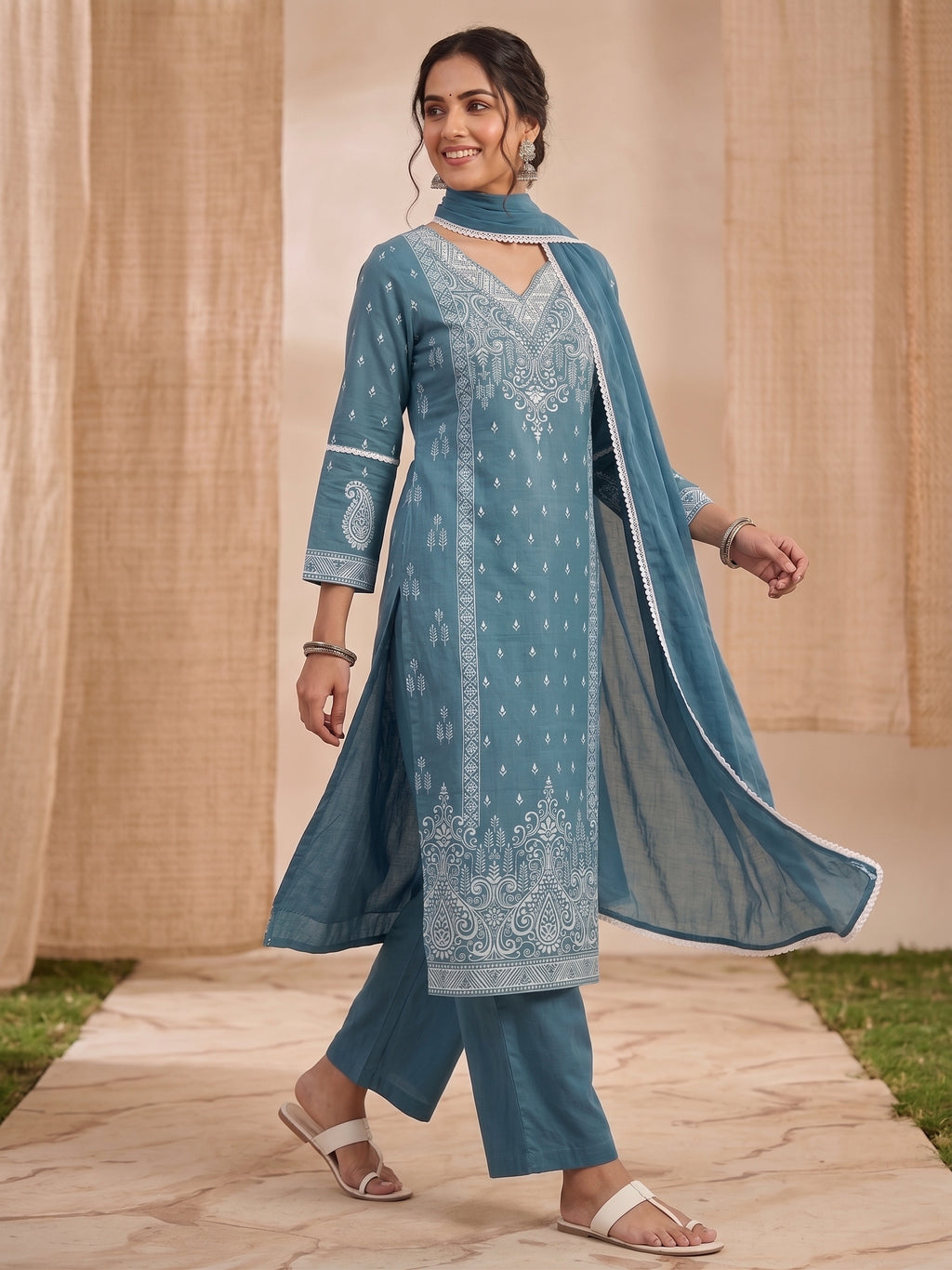 Rama Printed Embroidery Soft Cotton Kurti Set