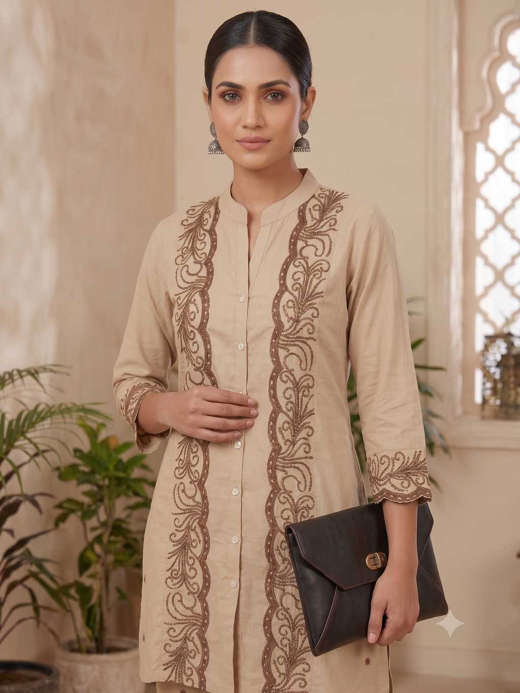 Beige & BrownEmbroidered Kurti with palazzo Set