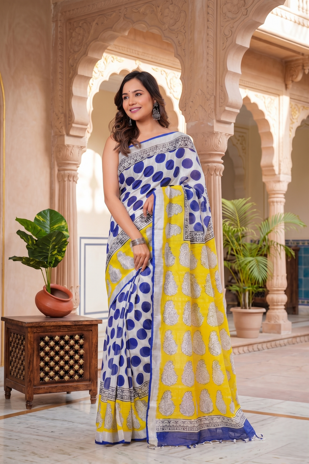 Yellow Blue Polka Printed Linen Saree with Silver Border