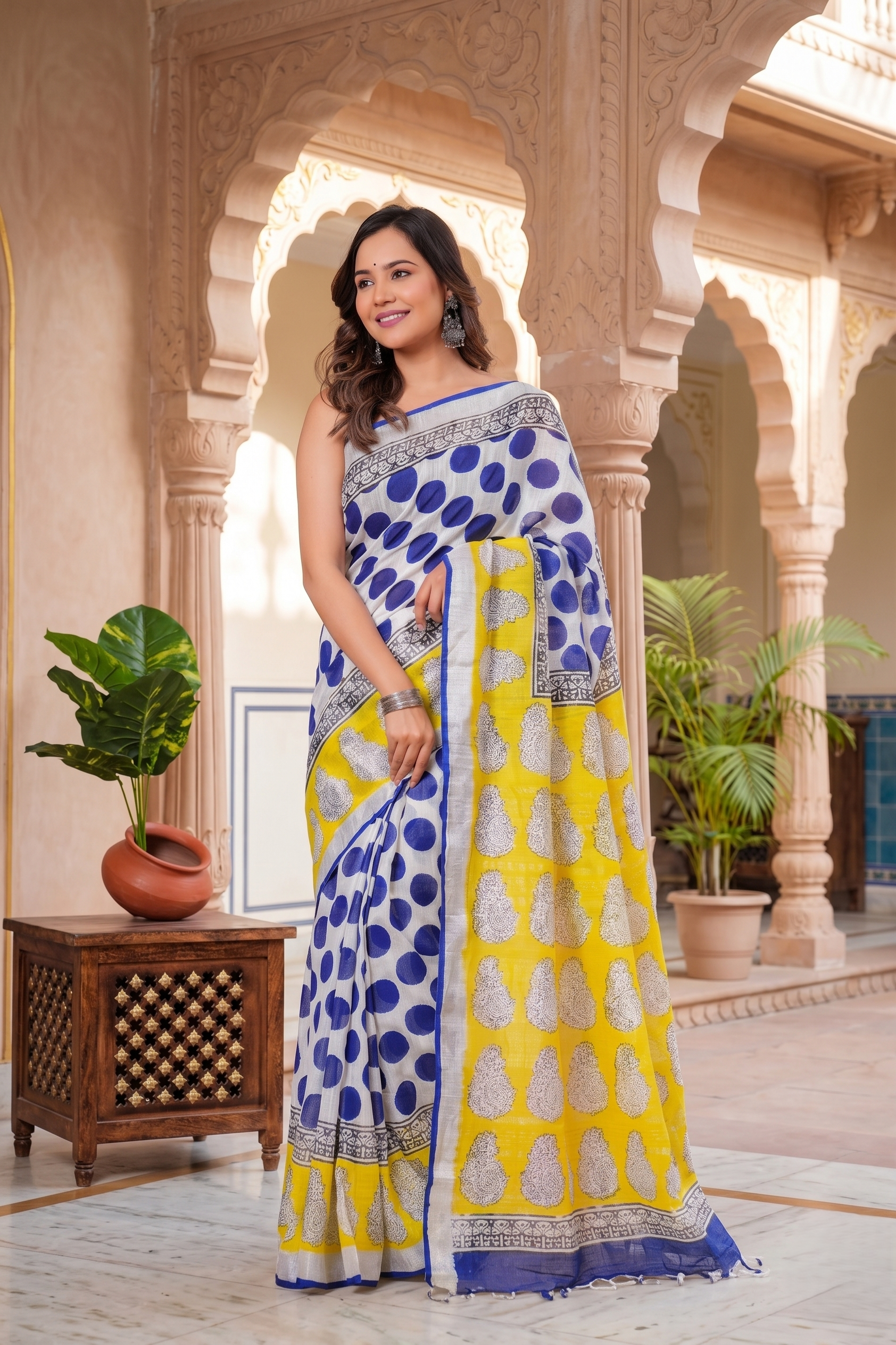 Yellow Blue Polka Printed Linen Saree with Silver Border