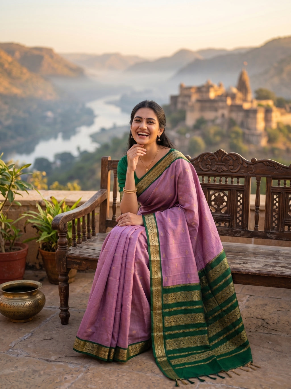 Pink with green Border Kalyani Cotton Saree