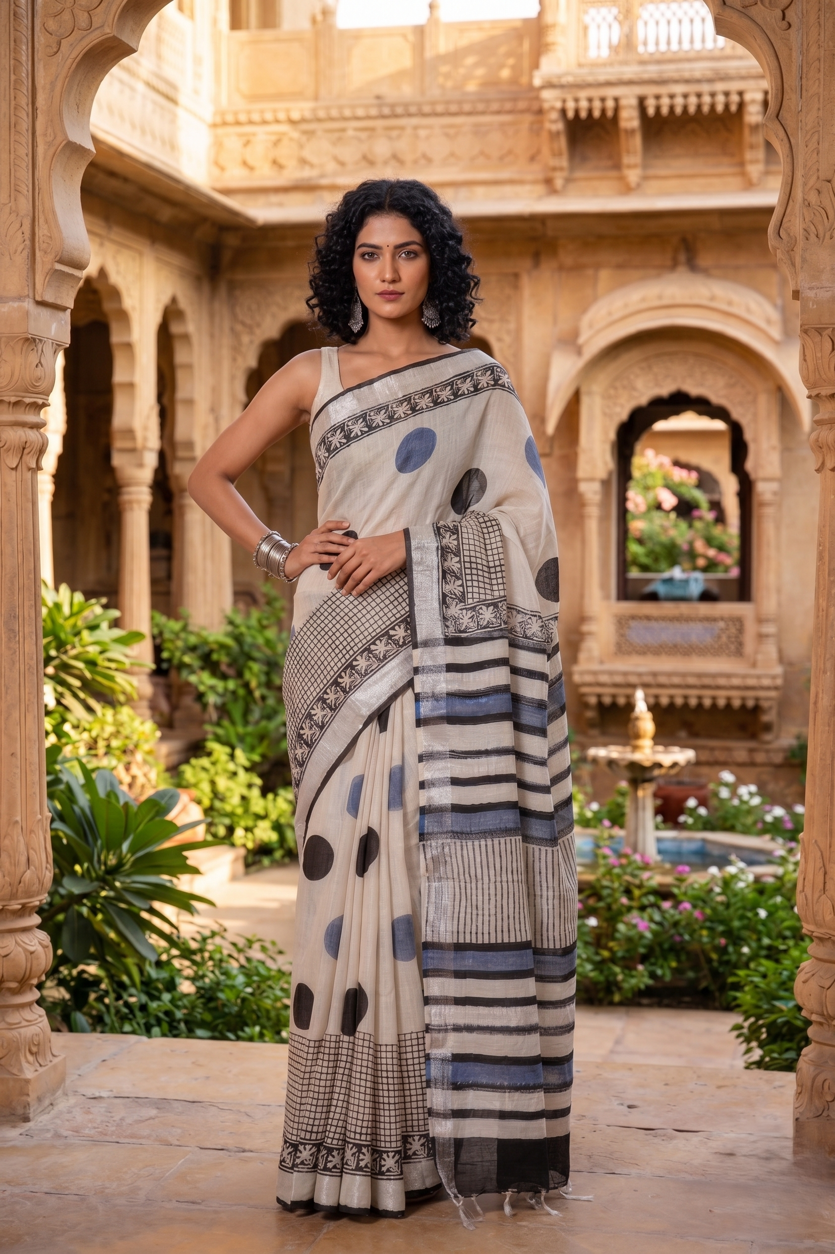 Indigo white Polka Printed Linen Saree with Silver Border