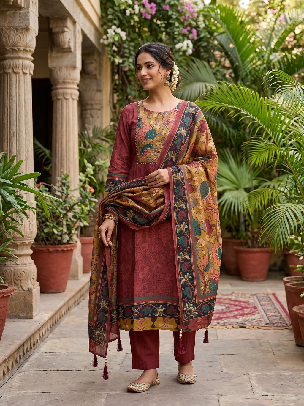 Kalamkari Printed Maslin silk dusty maroon 3 piece set